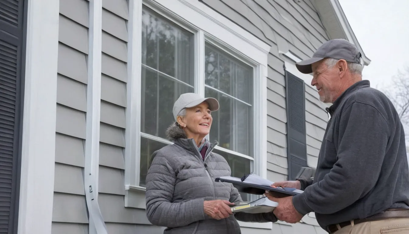 Provider installing new vinyl siding on a house in Woodbury while a homeowner reviews a written quote